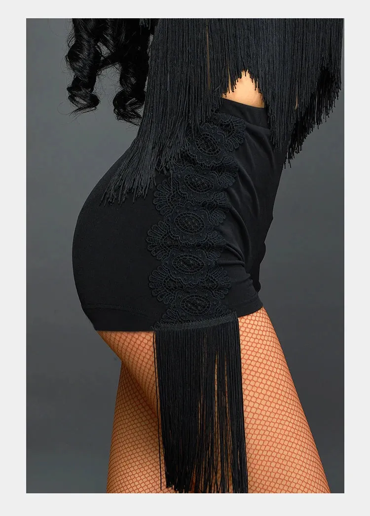 Black Latin Dance Fringe High Waist Practice Shorts Pra 1403