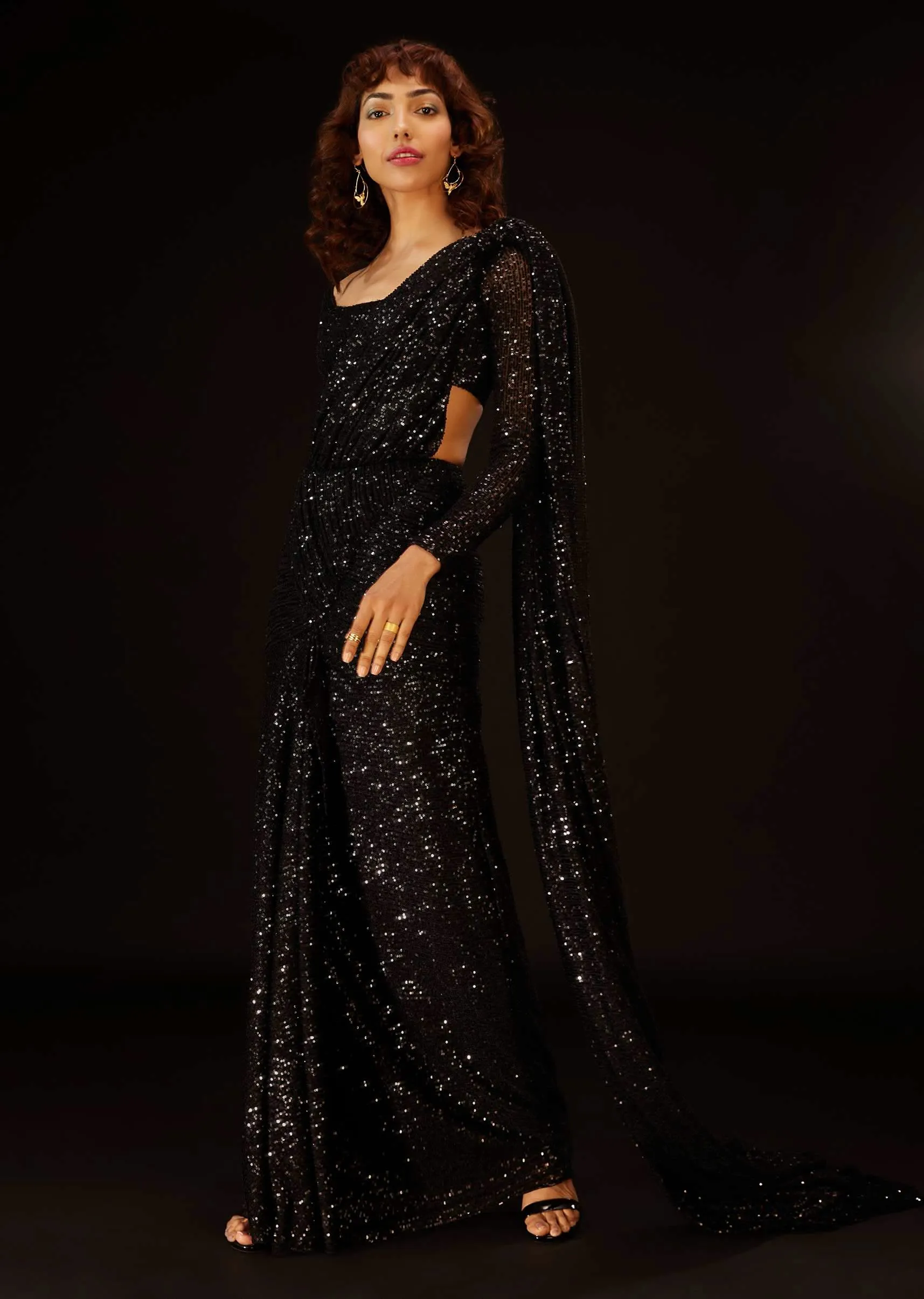 Caviar Black Pre-Pleated Saree In Sequins - DEME X KALKI