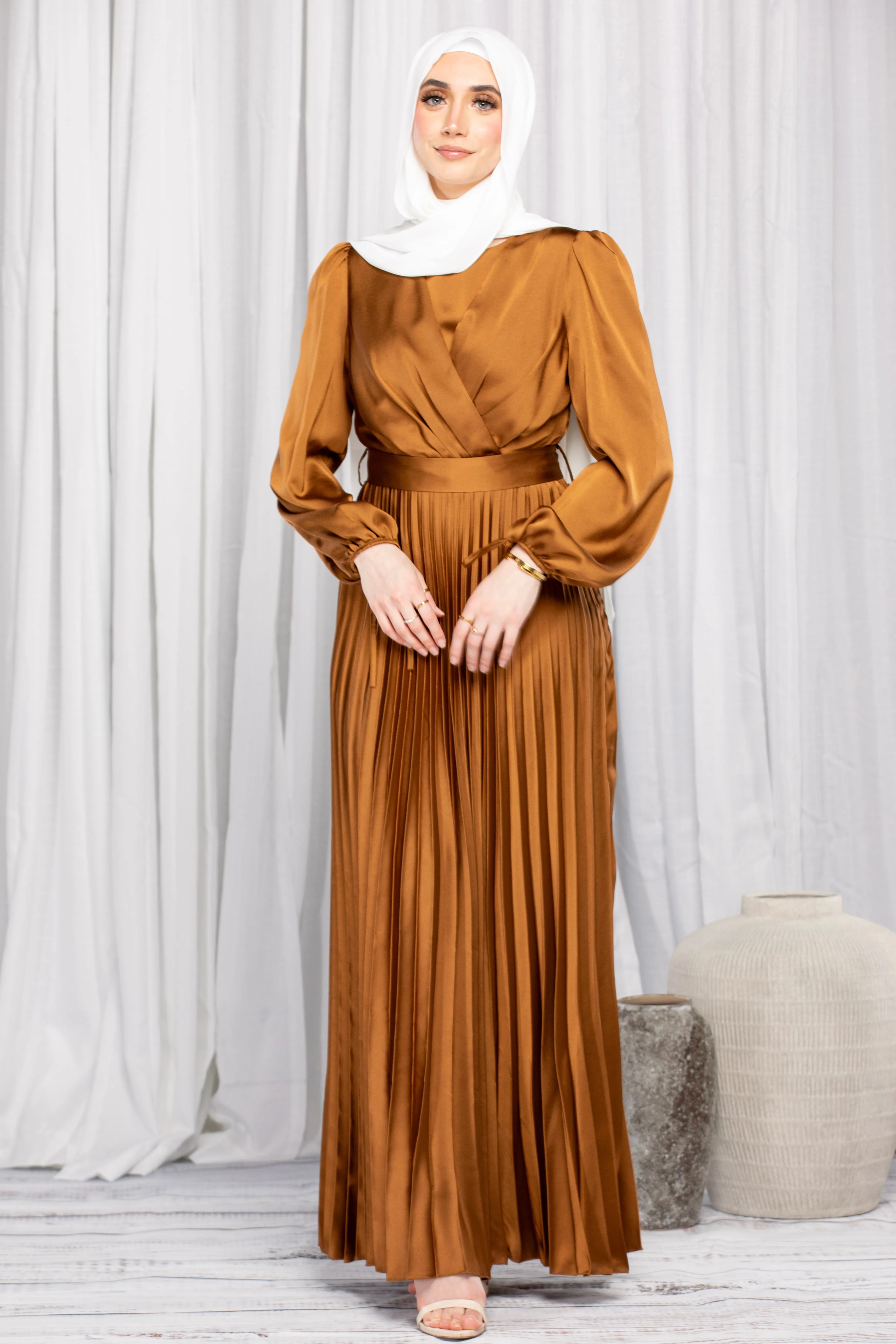 Emily Satin Pleated Dress - Bronze