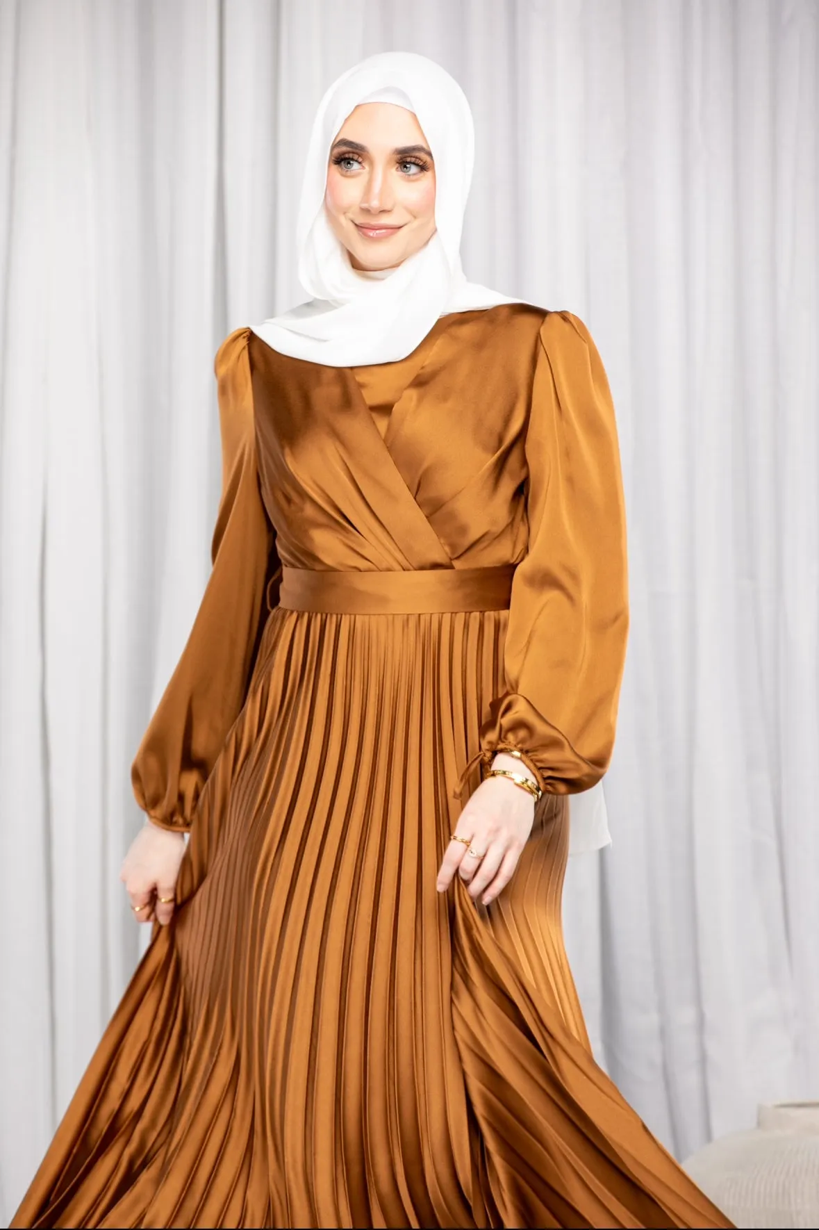 Emily Satin Pleated Dress - Bronze