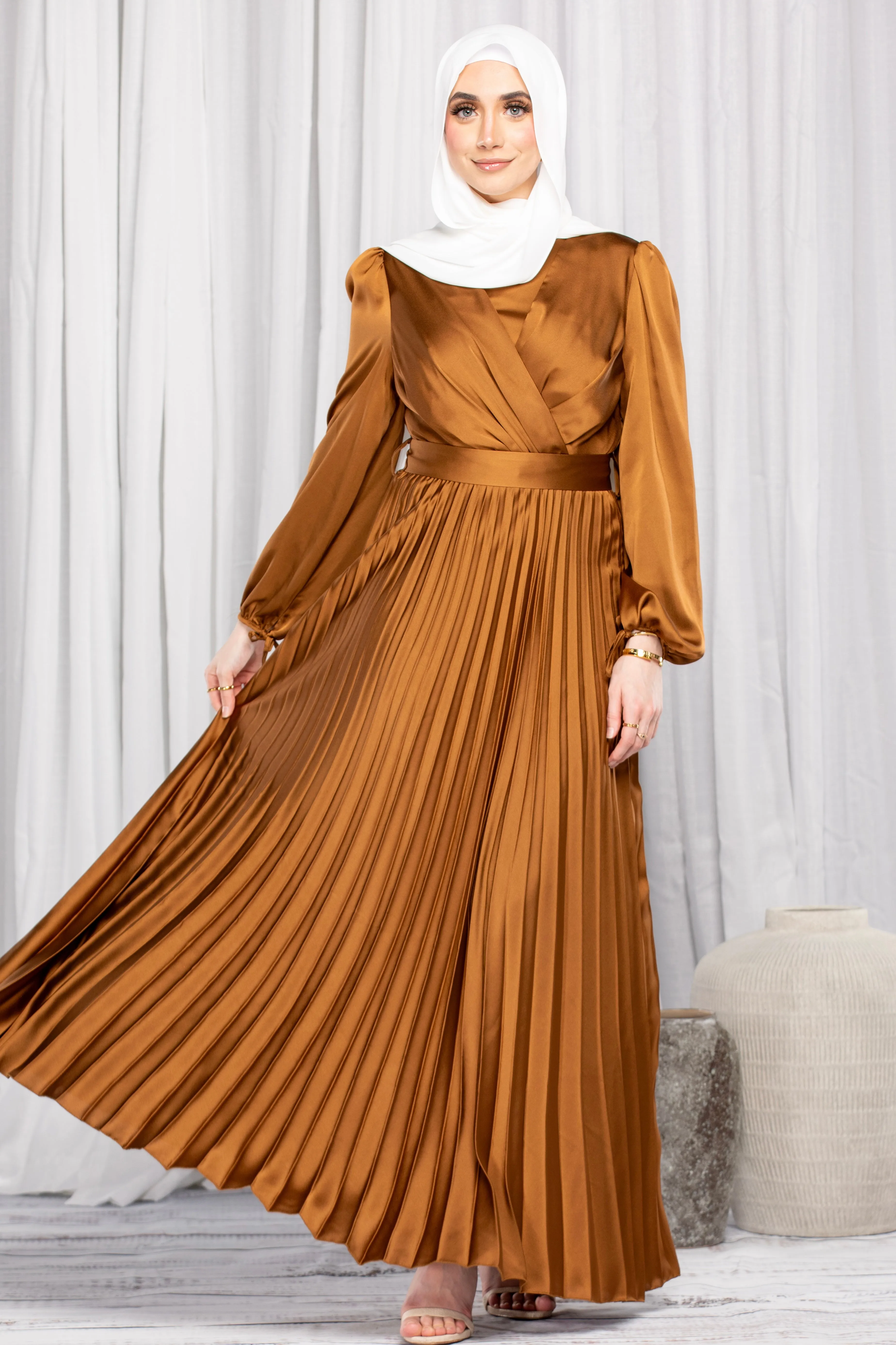 Emily Satin Pleated Dress - Bronze