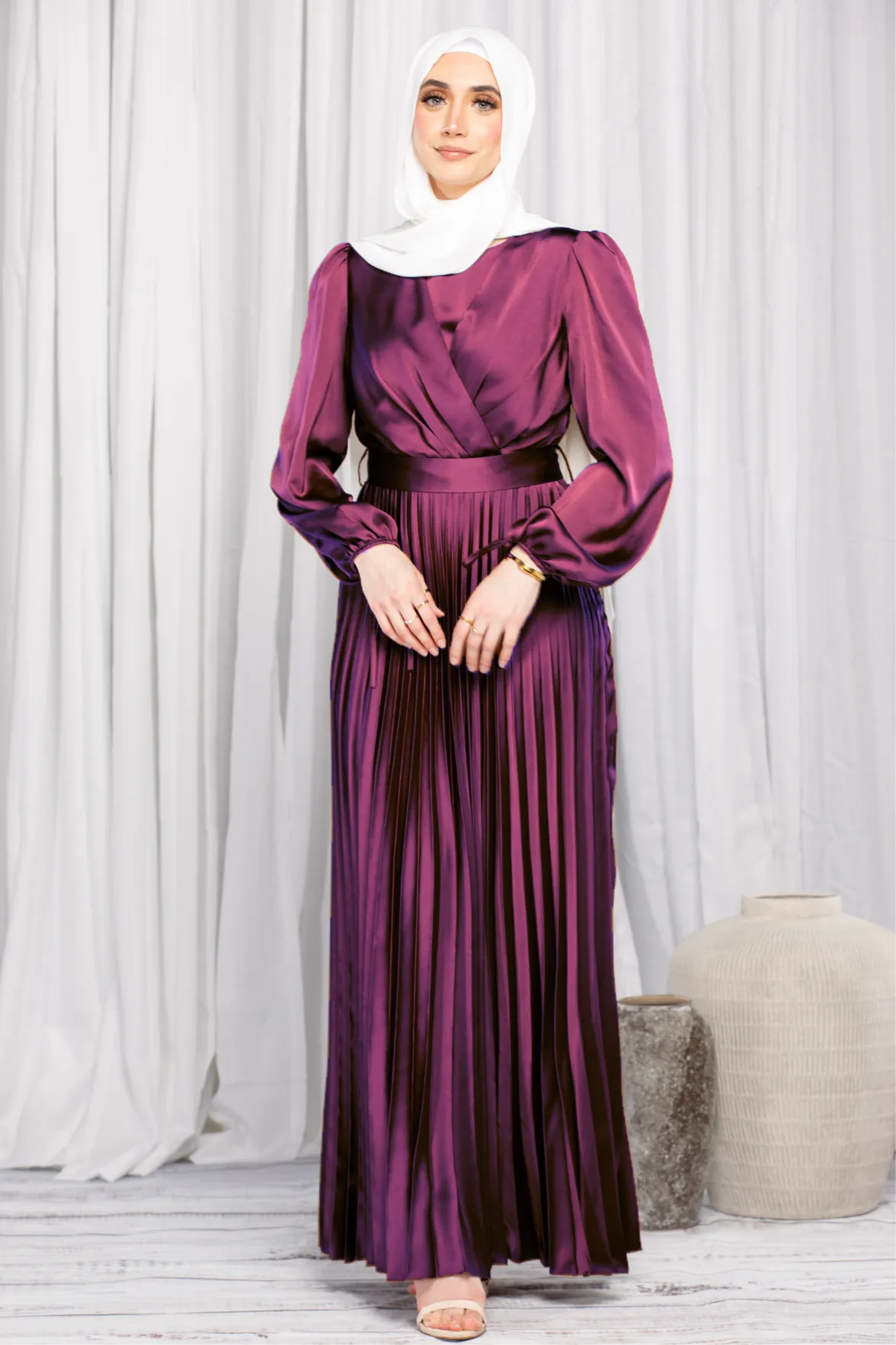 Emily Satin Pleated Dress - Plum