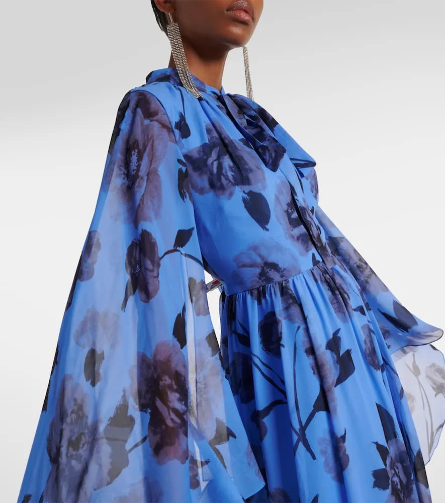 Erdem Tie-neck floral silk voile gown