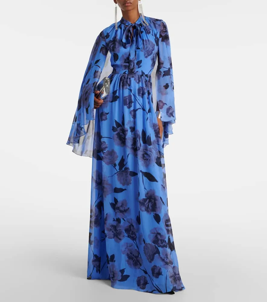 Erdem Tie-neck floral silk voile gown