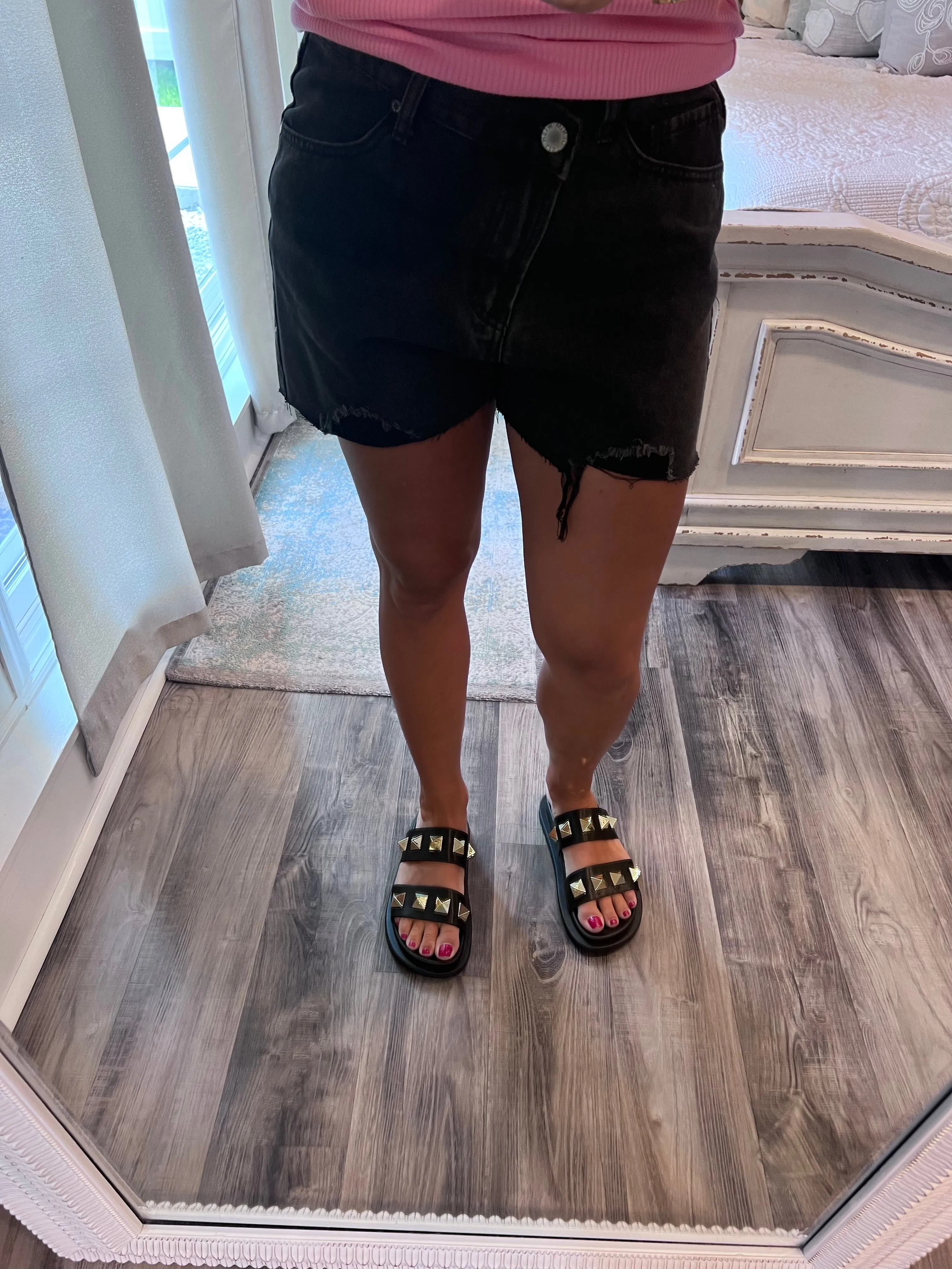 Overlap Distressed Denim Shorts