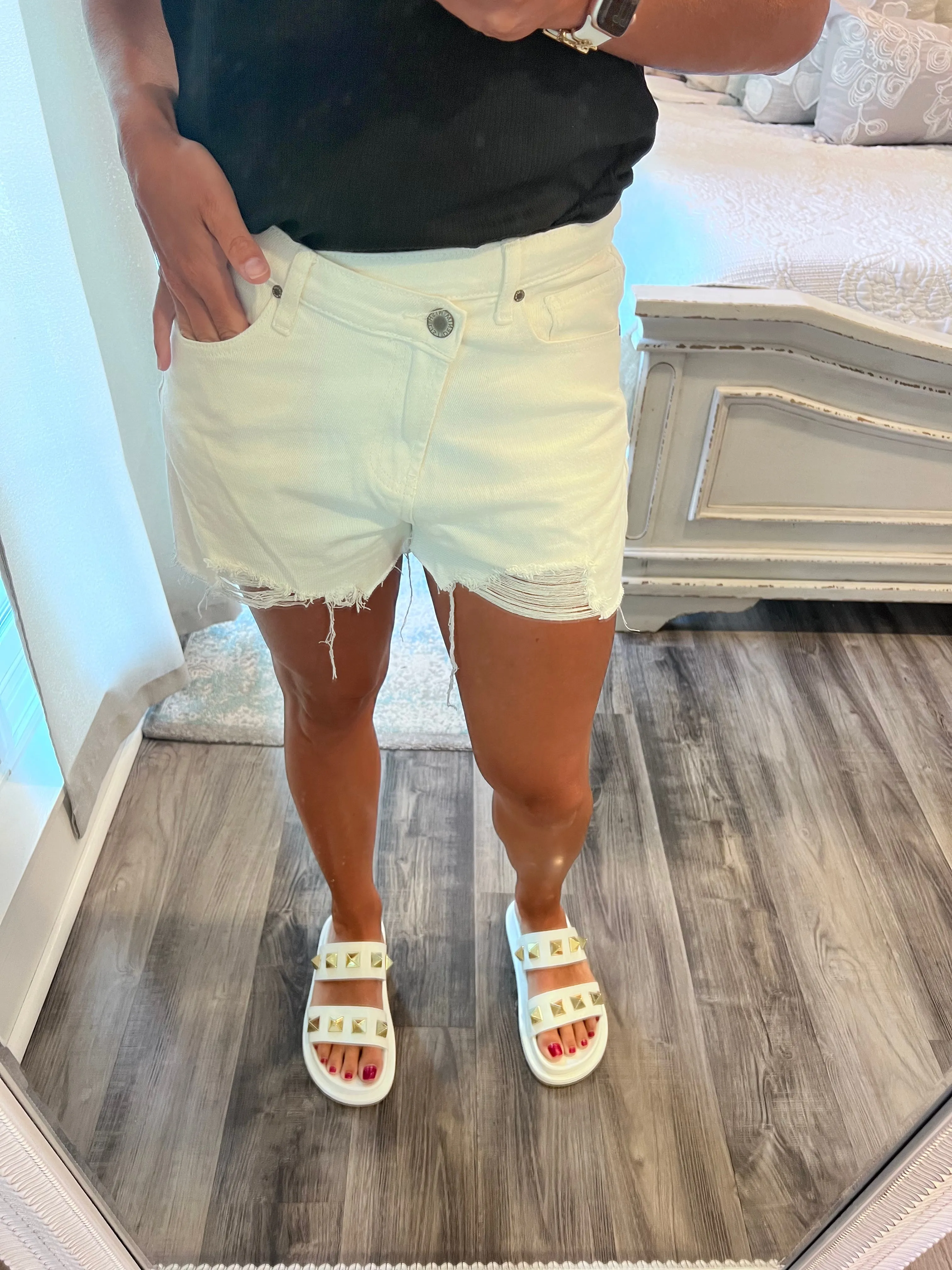 Overlap Distressed Denim Shorts
