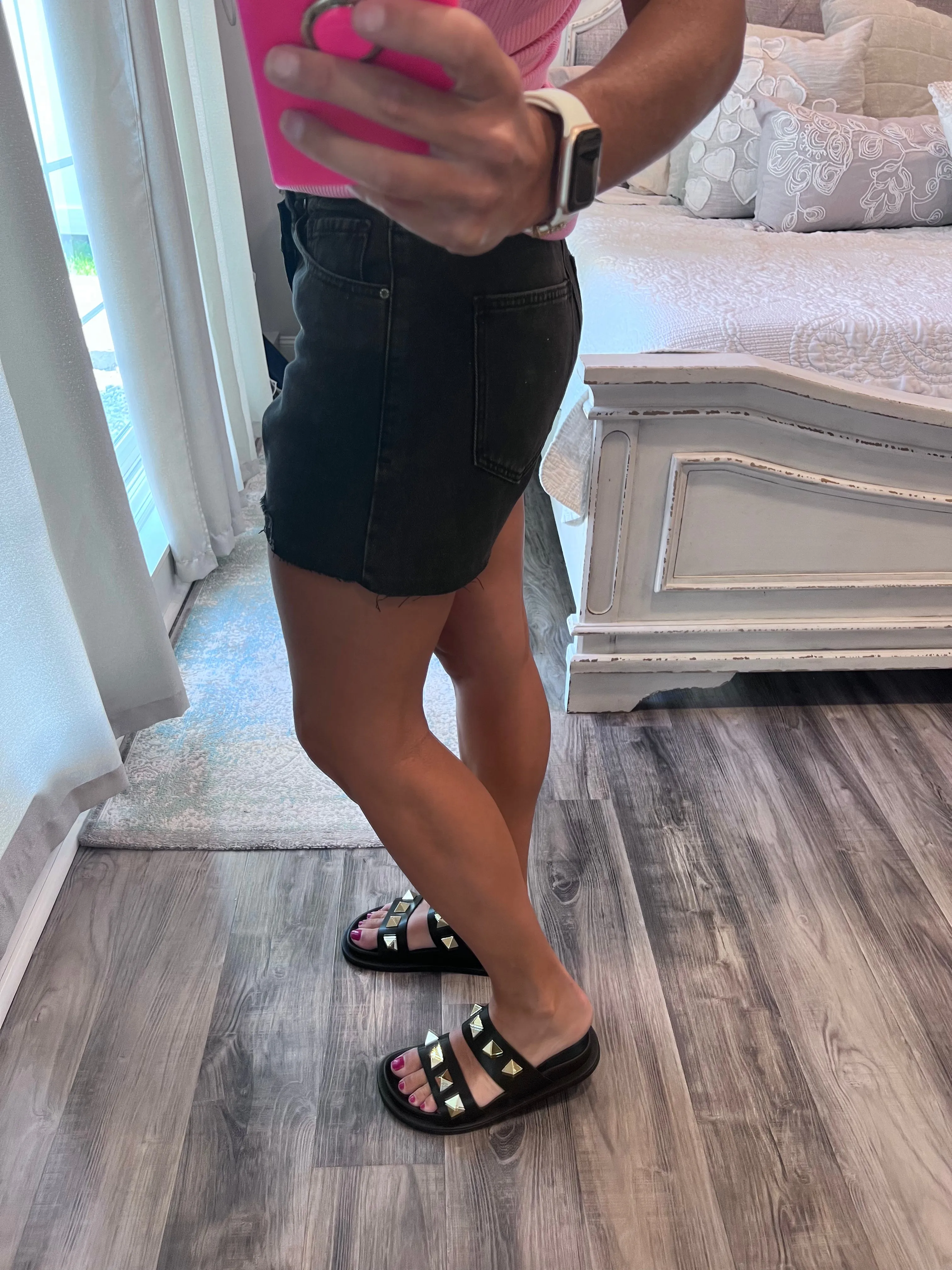 Overlap Distressed Denim Shorts