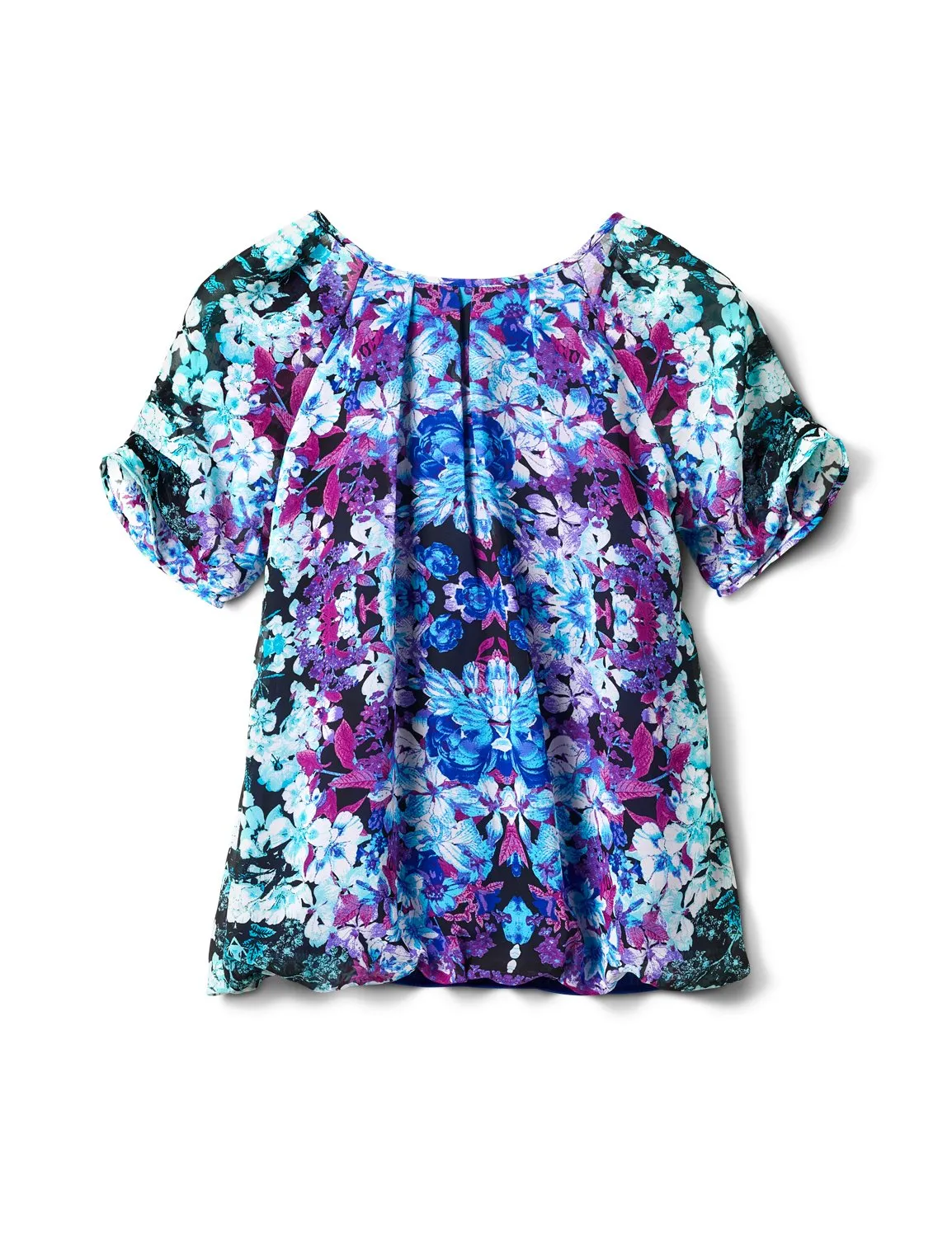 Pleat Sleeve Placement Print Bubble Hem Blouse