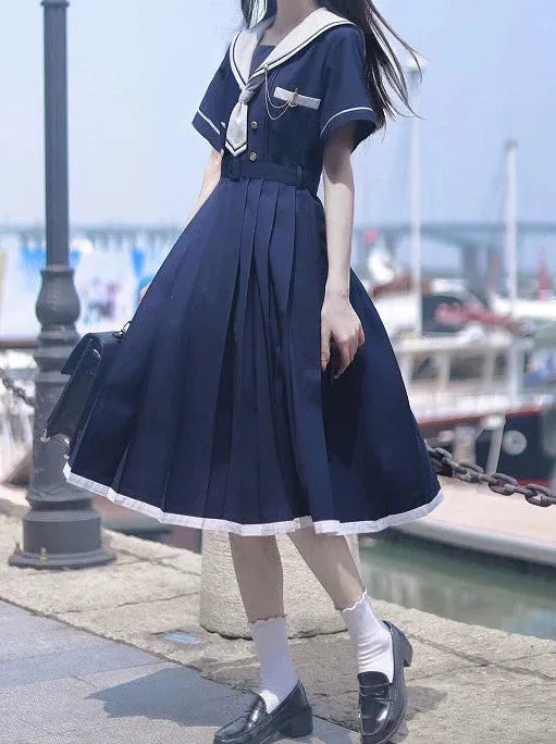 Pleated Style Dress Sailor Collar College