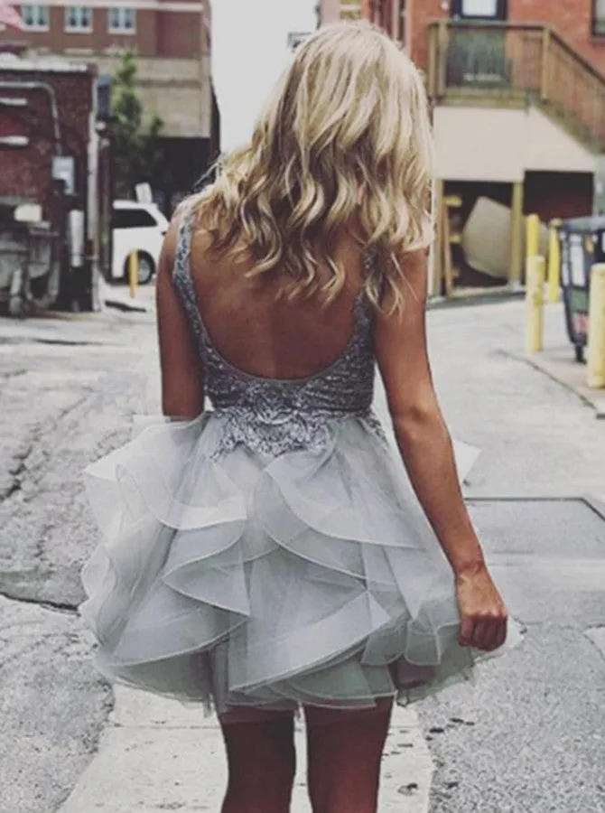 Silver Cocktail Dresses,Ruffled Cocktail Dress,V-neck Cocktail Dress,Summer Cocktail Dress,CD00025