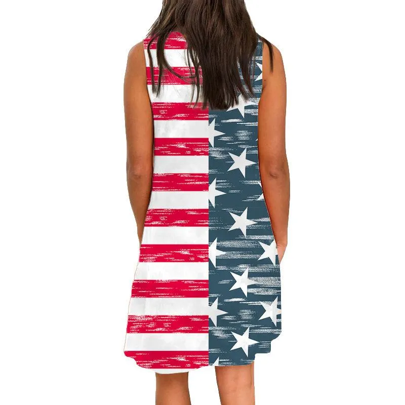 Summer Round Neck Sleeveless Flag Design Short Dresses