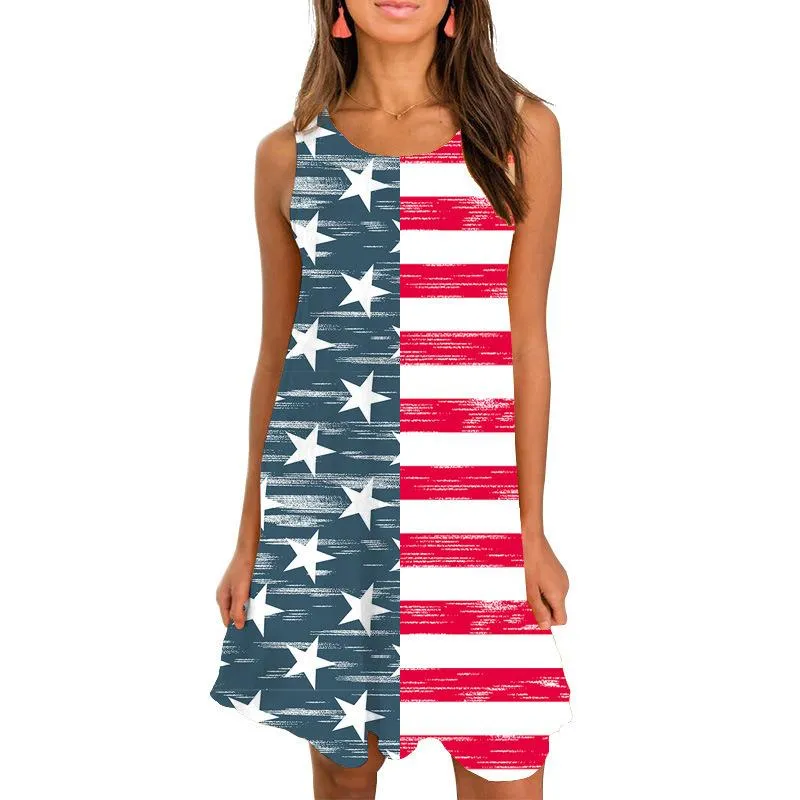 Summer Round Neck Sleeveless Flag Design Short Dresses