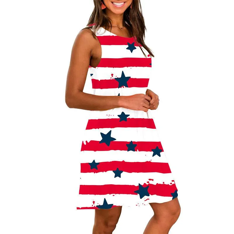 Summer Round Neck Sleeveless Flag Design Short Dresses