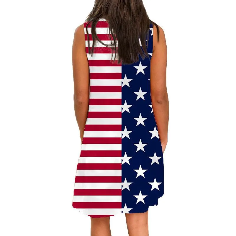 Summer Round Neck Sleeveless Flag Design Short Dresses